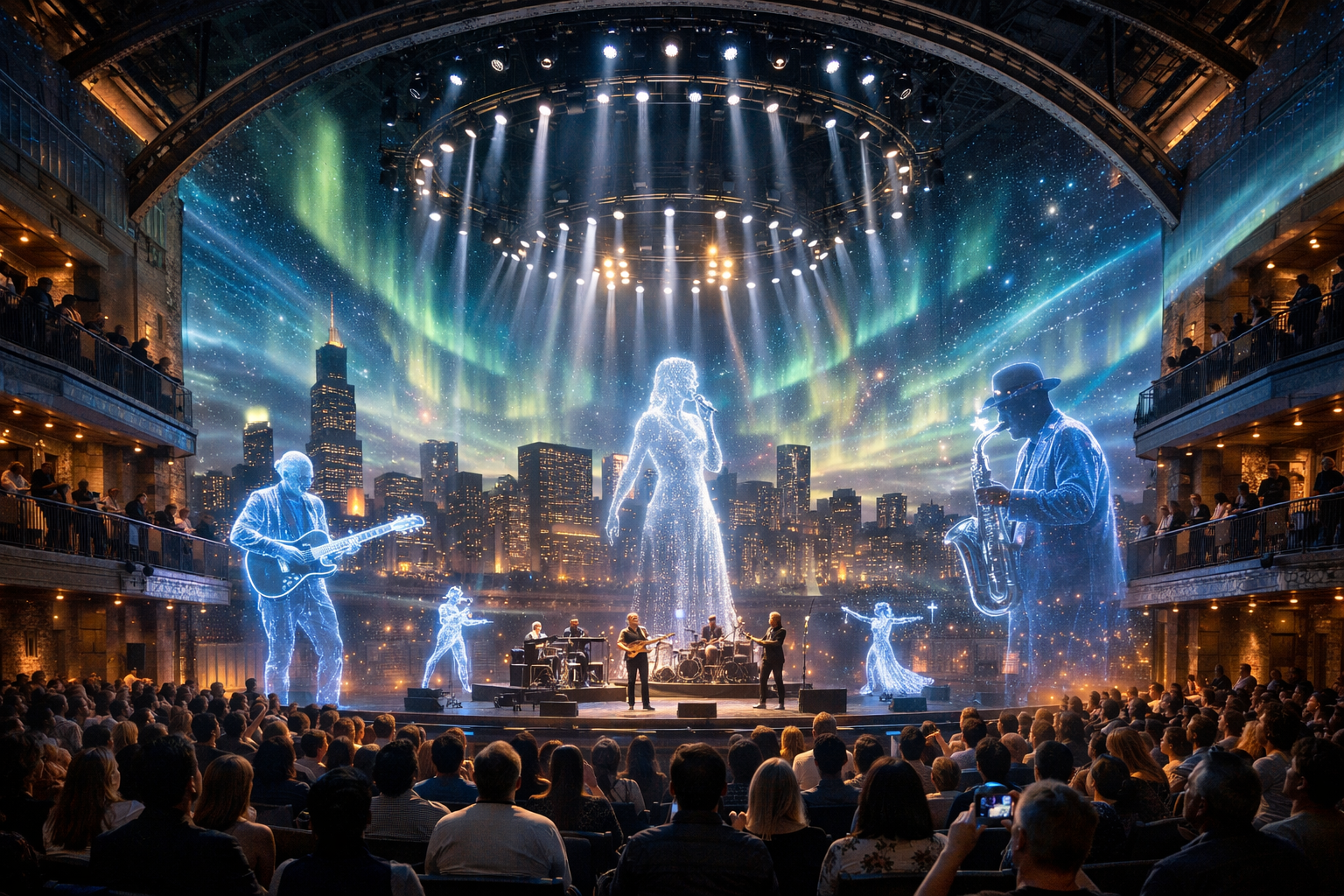 A concert featuring life-size holographic performers alongside live musicians, with aurora-like sky projections over the Chicago skyline.